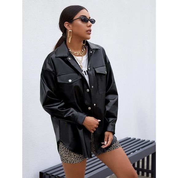 Flap Pocket Front Drop Shoulder vegan Leather jacket fall black - Picture 3 of 5